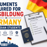 ChatGPT Image Jul 20, 2026, 05_18_39 PM Documents required for Ausbildung in Germany for Indian students including passport, language certificate, resume, training contract, and health insurance.