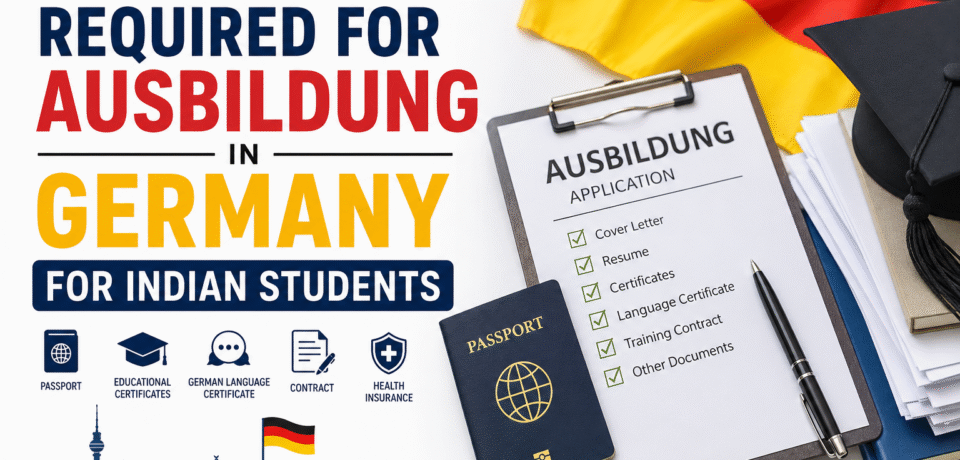 ChatGPT Image Jul 20, 2026, 05_18_39 PM Documents required for Ausbildung in Germany for Indian students including passport, language certificate, resume, training contract, and health insurance.